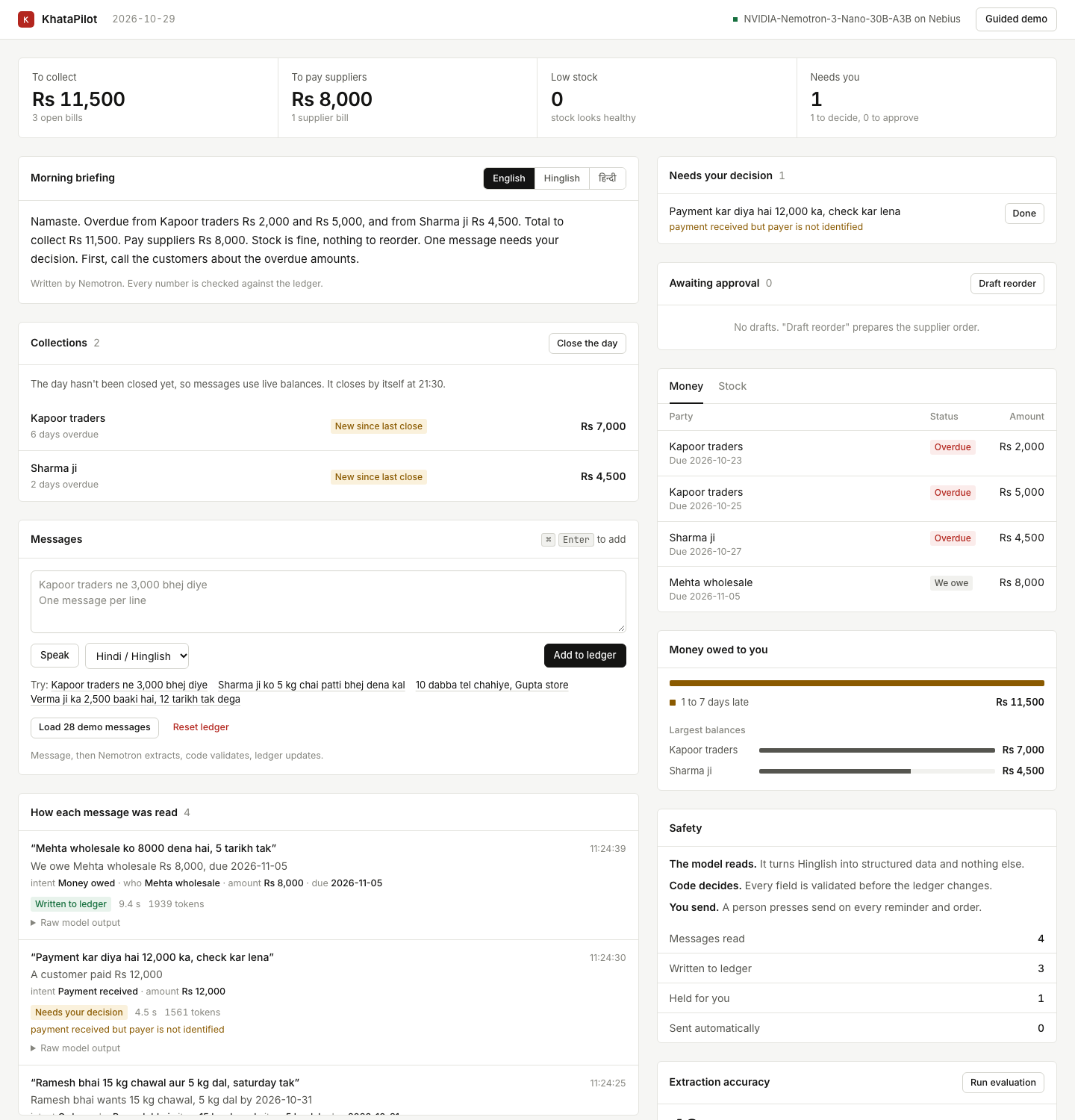 KhataPilot dashboard showing money to collect, how Nemotron read each message, the morning briefing and reminder messages